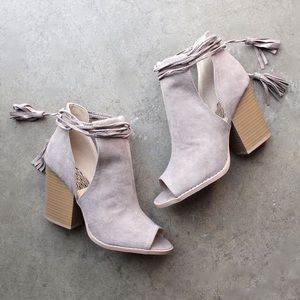 Ankle Tie Open Toed Tan Bootie Heels